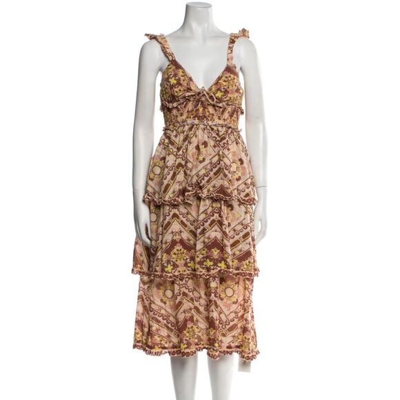 Cleobella Stella Midi Dress in Geo Print Brown Neutral Ruffle Size S / Pristine - Picture 4 of 9